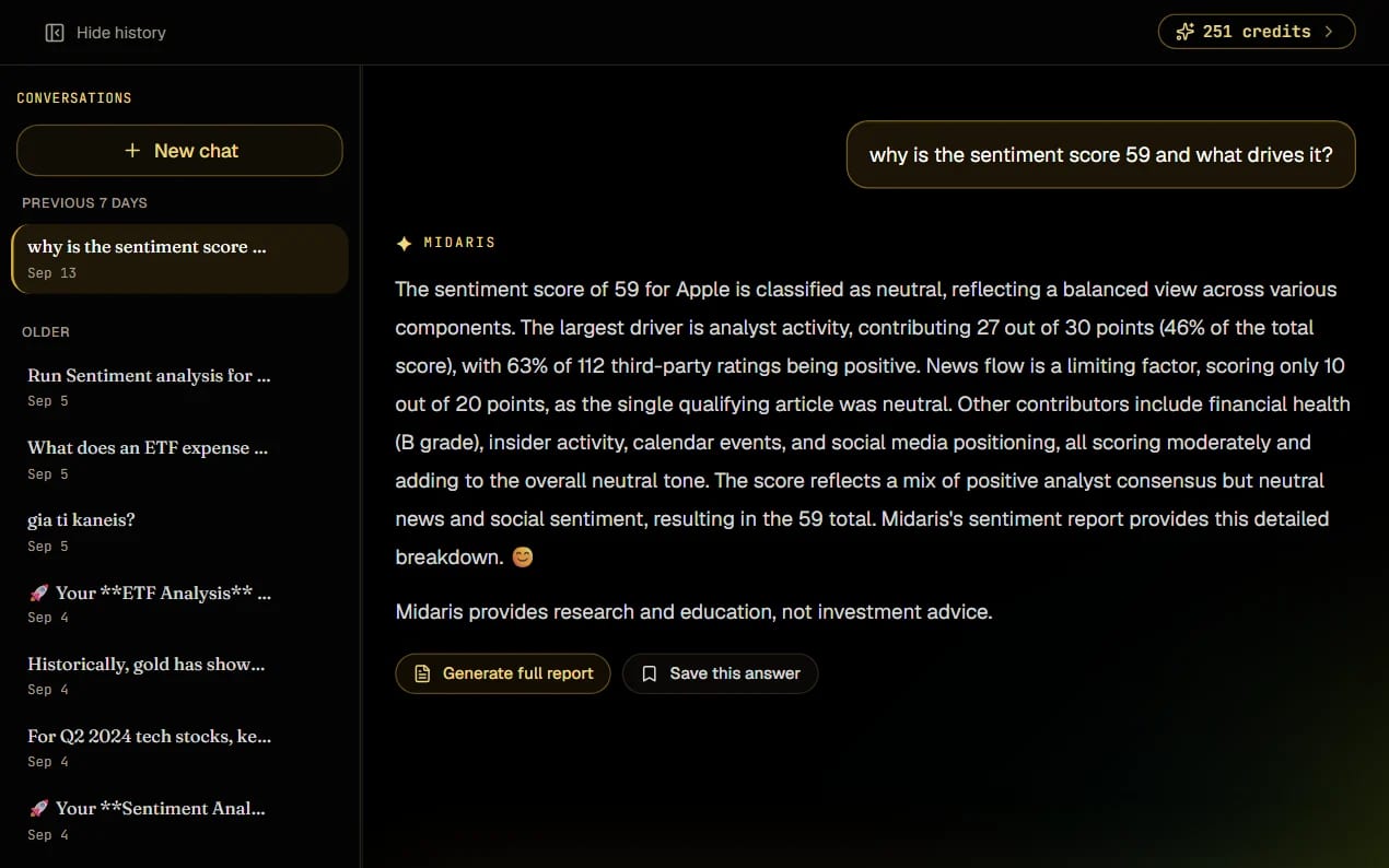 The Midaris research chat: a conversation list on the left and a research conversation on the right.