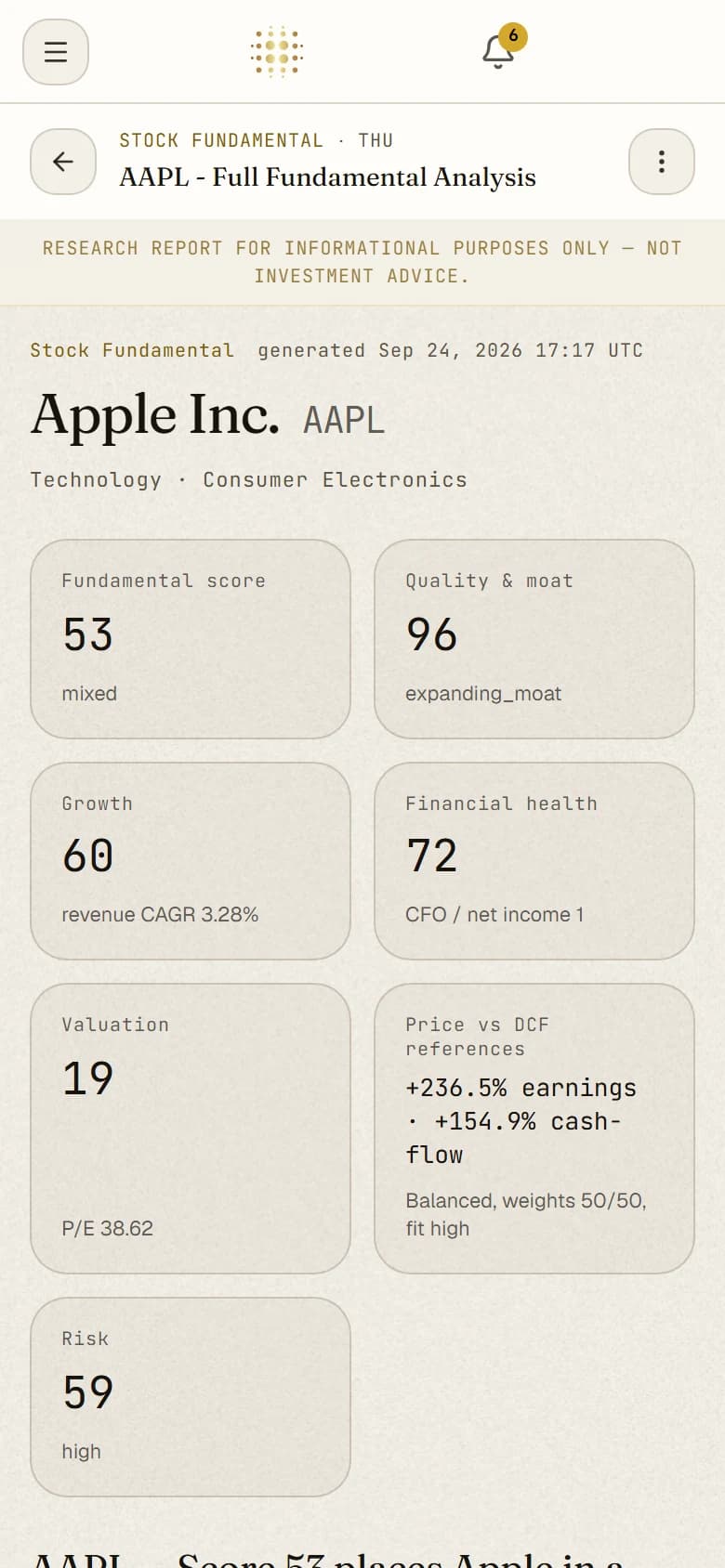 A Midaris fundamentals report on a phone: the score, the module breakdown and the section index.